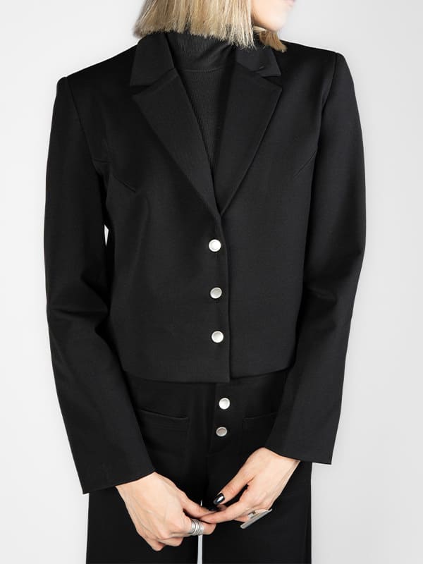 خرید کت و شلوار زنانه؛ کراپ کت سیلور تک رنگ مشکی