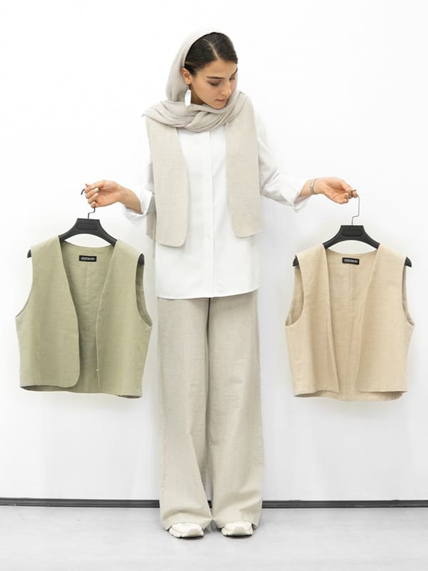 کراپ کت؛ وست و شلوار لینن نچرال